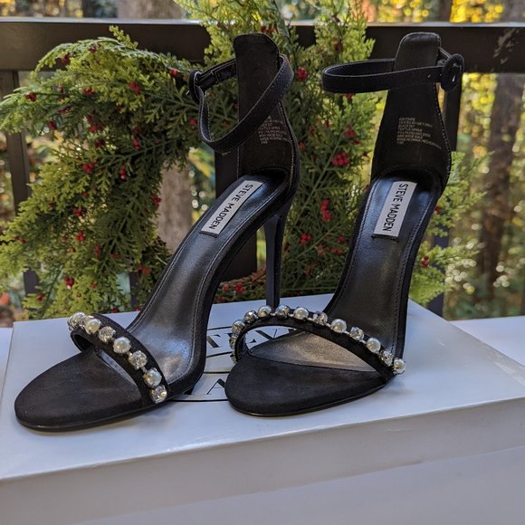STEVE MADDEN Solitaire Stiletto Sandals Diamond Pearl Studs Ankle Strap Size 9 - Picture 10 of 15